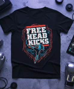 Black t-shirt featuring the text "FREE HEAD KICKS" and a graphic of a martial artist performing a kick