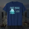 Free Hugs t-shirt design with a smiling iceberg offering a hug to a cruise ship, light blue text