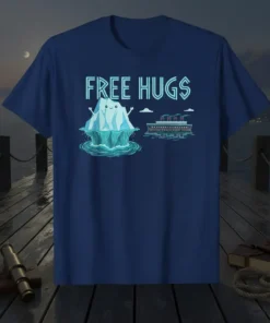 Free Hugs t-shirt design with a smiling iceberg offering a hug to a cruise ship, light blue text
