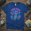 Free Hugs neon text above glowing jellyfish graphic on a royal blue t-shirt