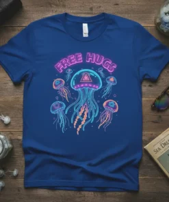 Free Hugs neon text above glowing jellyfish graphic on a royal blue t-shirt