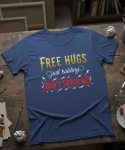 Free Hugs Just Kidding Don't Touch Me text design on a navy blue t-shirt. Features gold glittery "Free Hugs," script