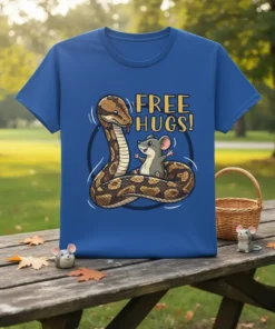 Free Hugs Snake Mouse T-Shirt featuring cartoon snake and mouse graphic with yellow text