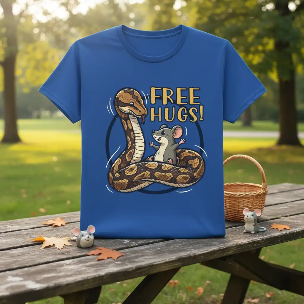 Free Hugs Snake Mouse T-Shirt funny animal cartoon design with yellow text and friendly characters