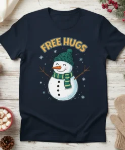 Cute snowman with 'Free Hugs' text, wearing a green hat and scarf, on a navy blue t-shirt design for Christmas