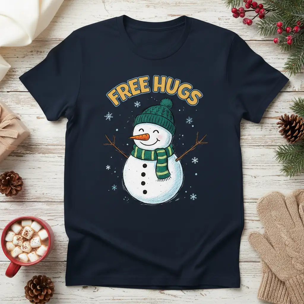 FREE HUGS text above a smiling snowman graphic wearing a green winter hat and scarf