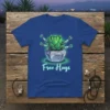 Free Hugs t-shirt with a green succulent plant in a geometric pot with robot arms offering hugs, neon glow effect
