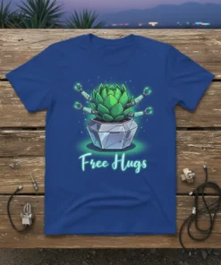 Free Hugs t-shirt with a green succulent plant in a geometric pot with robot arms offering hugs, neon glow effect