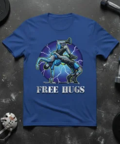 Wrestlers in action with "FREE HUGS" text on a blue t-shirt, showcasing a combat sports theme