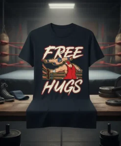 Free Hugs t-shirt design with two Lucha Libre wrestlers in a ring, humorous graphic tee