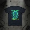 Free My Homies Area 51 t-shirt design featuring a glowing green alien head with lightning bolts and caution tape graphic