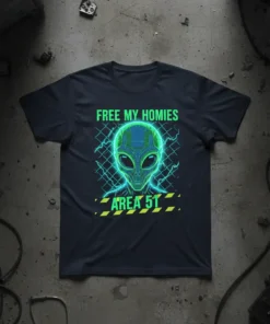 Free My Homies Area 51 t-shirt design featuring a glowing green alien head with lightning bolts and caution tape graphic