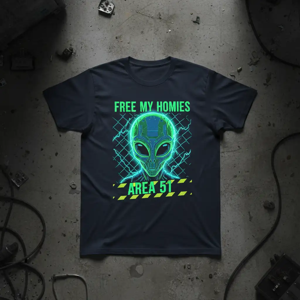 Free My Homies Area 51 graphic tee with a neon alien head and lightning strike design