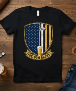 Black t-shirt with "FREEDOM BREWS" text, featuring a shield graphic of the American flag and beer pouring into a glass