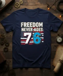 FREEDOM NEVER-AGES 76 text with American flag graphic on navy t-shirt