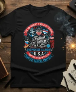 Black t-shirt with "Love For Country Is Not Hate For People" and "Freedom Not Freedom In A Flag" USA design