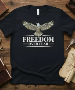 Black t-shirt with Freedom Over Fear text and a detailed eagle graphic in white and gold