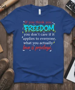 If you think you FREEDOM quote on a blue t-shirt, emphasizing privilege and equality with bold typography