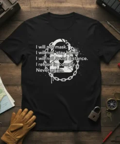Black t-shirt with bold white text: "I will not mask. I will not 'stay home'. I will not social distance