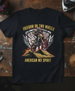 Motocross rider mid-air with "FREEDOM ON TWO WHEELS AMERICAN MX SPIRIT" text and American flag wings graphic
