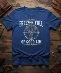 Freezer Full Of Good Aim deer hunting t-shirt with a buck in crosshairs graphic