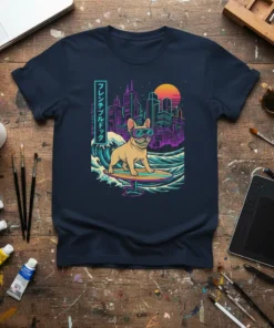 French Bulldog Surfing Synthwave bold graphic design printed on comfortable cotton t-shirt
