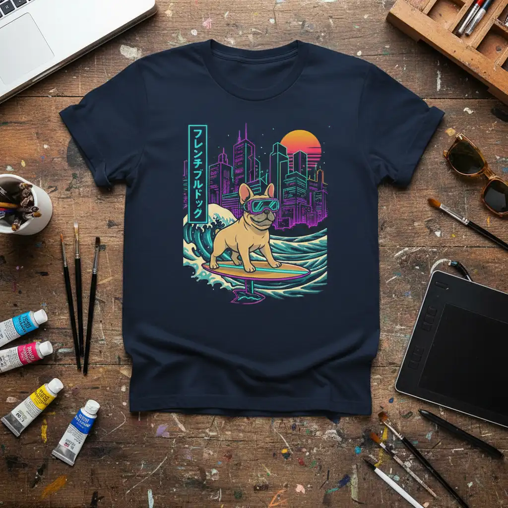 French Bulldog Surfing Synthwave unique artwork printed on breathable fabric creating a standout t-shirt