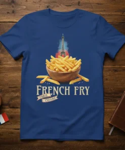 French Fry Paris Cuisine t-shirt design featuring a bowl of fries and the Eiffel Tower, with text "French Fry Paris