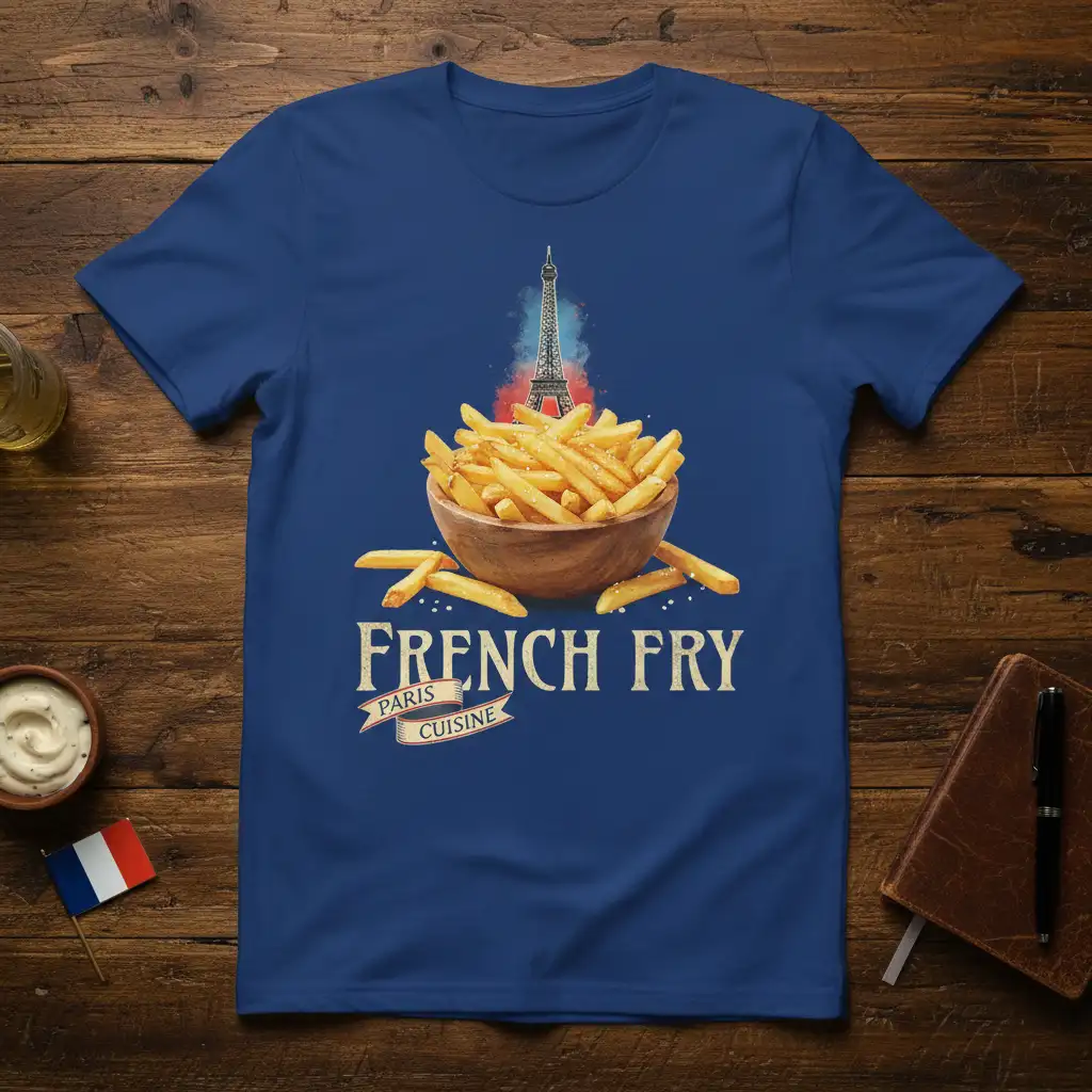 French Fry Paris Cuisine t-shirt graphic with a bowl of fries and Eiffel Tower, perfect for food lovers