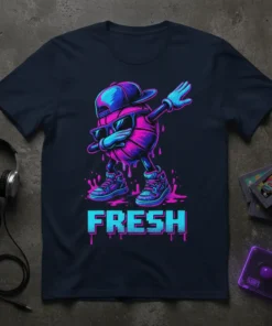 Fresh basketball character dabbing in sunglasses and cap with "FRESH" text below, vibrant neon colors