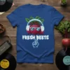 Fresh Beets t-shirt design featuring three cartoon beets wearing sunglasses and headphones, with text "FRESH BEETS" and a hand gesture