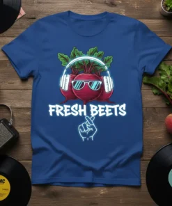 Fresh Beets t-shirt design featuring three cartoon beets wearing sunglasses and headphones, with text "FRESH BEETS" and a hand gesture