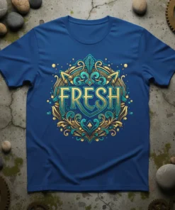 Blue t-shirt with the word FRESH in ornate gold and teal lettering, surrounded by decorative elements