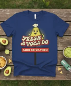 Fresh A Voca Do 24HR Drive-Thru text with a chef avocado graphic on a blue t-shirt