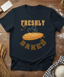 Freshly Baked t-shirt design featuring text and a steaming loaf of bread, perfect for bakers