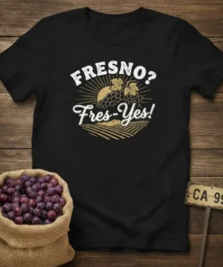FRESNO? Fres-Yes! t-shirt with vintage grape vineyard graphic and sunburst design
