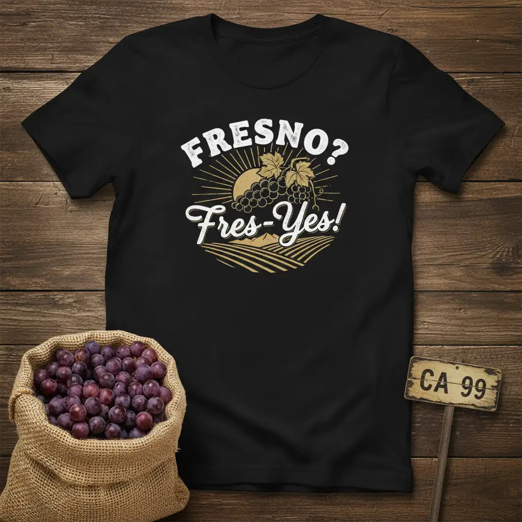 FRESNO? Fres-Yes! text design with grapes and vineyard graphic, celebrating California pride