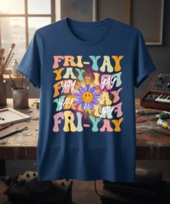 Retro "FRI-YAY YAY YAY YAY YAY YAY FRI-YAY" text with a colorful smiley flower graphic on a navy blue t-shirt