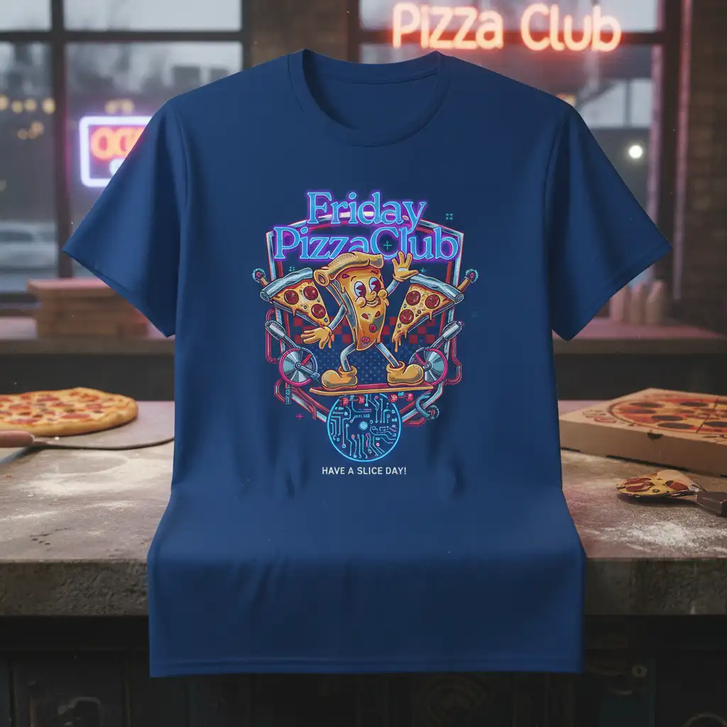 Friday Pizza Club HAVE A SLICE DAY! text and cartoon pizza character graphic on a t-shirt