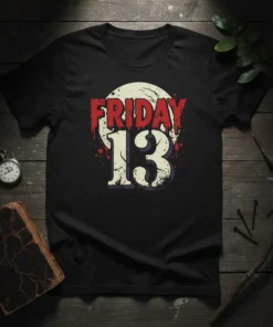 Friday the 13th t-shirt with red bloody text and distressed number 13 graphic on a black shirt