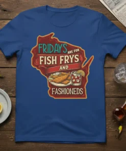 Wisconsin outline graphic with "Fridays ARE FOR FISH FRYS AND FASHIONEDS" text, featuring fried fish and a cocktail