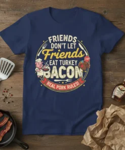 Friends Don't Let Friends Eat Turkey Bacon Real Pork Rules text with pig chef and turkey on a navy t-shirt