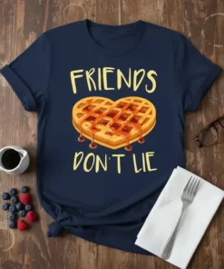 Navy blue t-shirt with yellow text "Friends Don't Lie" above a heart-shaped waffle with syrup, featuring a fun pop culture