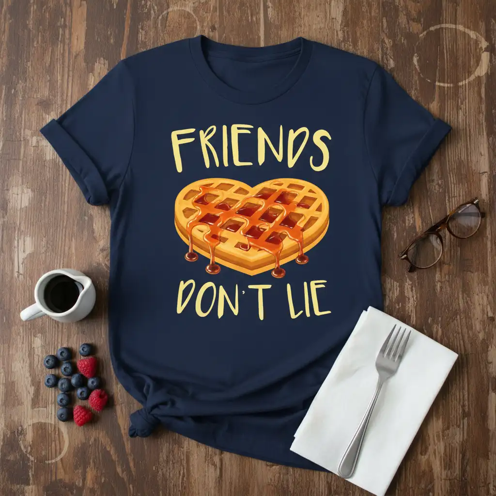 Friends Don't Lie quote on navy shirt with a heart waffle graphic, perfect for pop culture fans