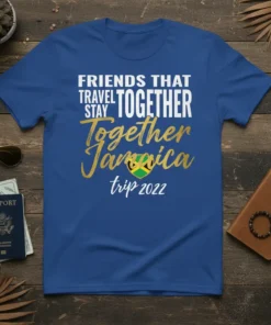 T-shirt with "Friends That Travel Stay Together Jamaica Trip 2022" text and Jamaican flag graphic