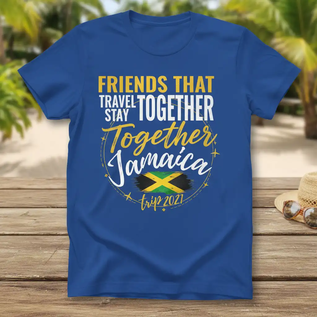Friends That Travel Together Stay Together Jamaica Trip 2021 quote with Jamaican flag on blue t-shirt