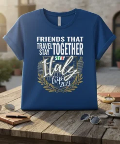 Friends That Travel Together Stay Italy Trip 2023 text with Italian landmarks graphic on a blue t-shirt