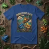 Friends In High Places t-shirt with colorful frogs on a branch, featuring whimsical nature art and sky background