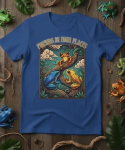 Friends In High Places t-shirt with colorful frogs on a branch, featuring whimsical nature art and sky background