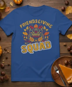 Friendsgiving Squad t-shirt design with rustic autumn leaves and bold lettering